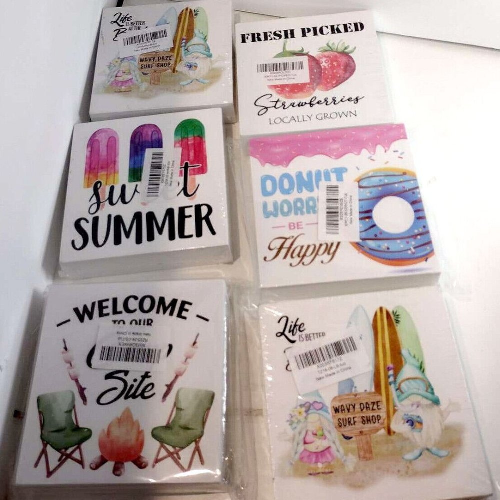 Lot of 6 Summer beach and food Kichen Wall Art wood Printed Canvas 5 X 5 'NEW"